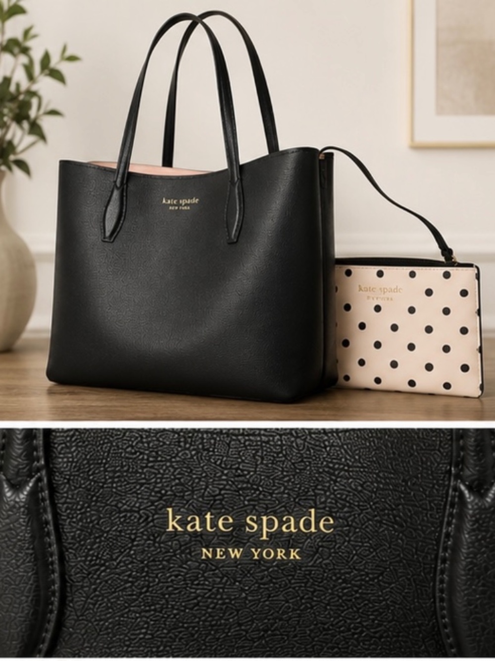 Authentic Kate Spade New York Black Pebbled Leather Tote with Matching Polka Dot